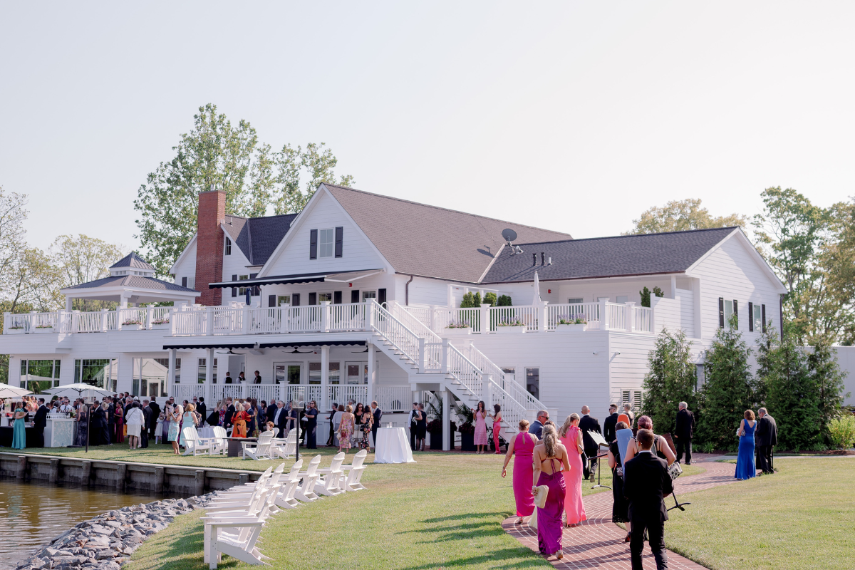 The Oaks Waterfront during cocktail hour for a June wedding on the Eastern Shore